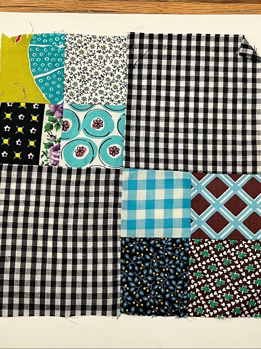 Vintage Patchwork Block Set  - Black Gingham and Blues Greens